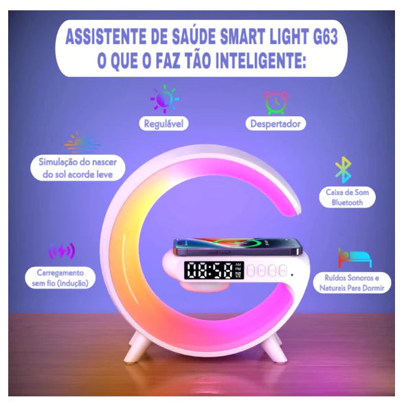Caixa de Som Bluetooth Inteligente G-Speaker com Relógio Digital, Luminária RGB e Carregador Sem Fio