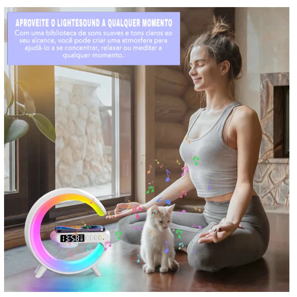 Caixa de Som Bluetooth Inteligente G-Speaker com Relógio Digital, Luminária RGB e Carregador Sem Fio