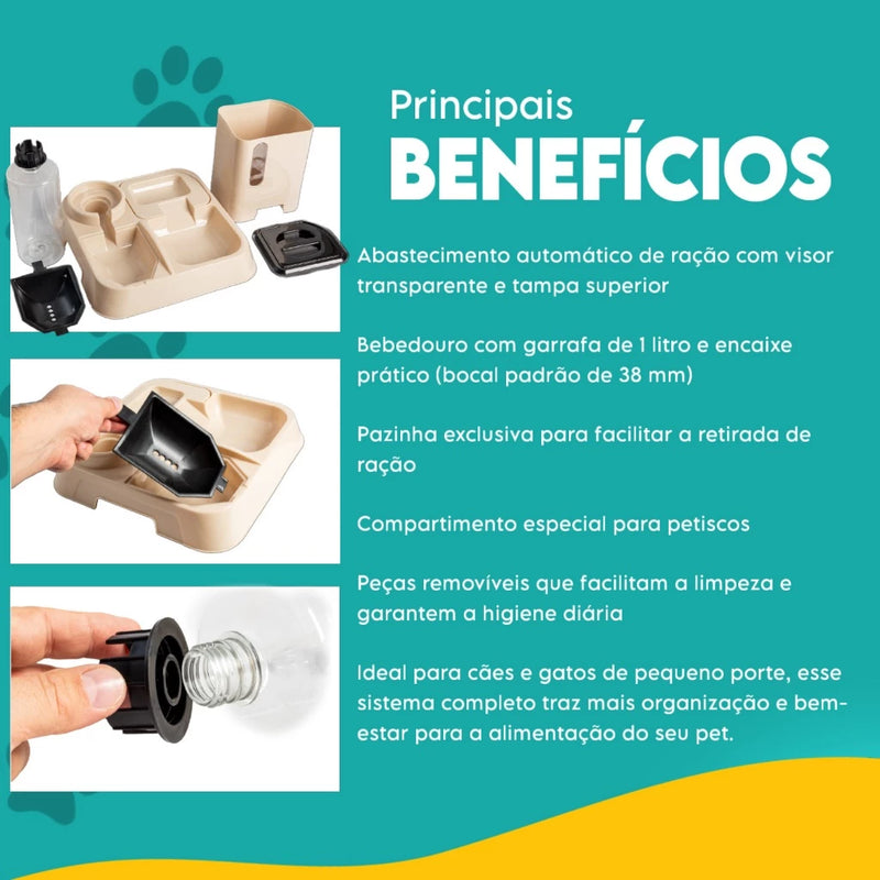 Kit Comedouro e Bebedouro Automático 2 em 1 — Dispenser de Ração + Reservatório de Água 1L para Cães e Gatos