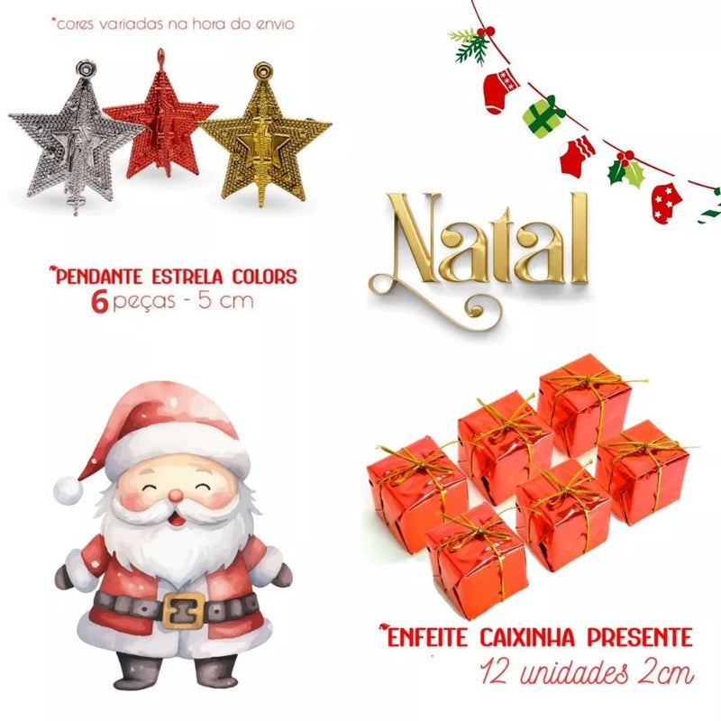 Kit com 95 Enfeites de Árvore de Natal – Bolas, Laços, Sinos, Estrela, Presentes e Gorro do Papai Noel