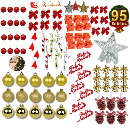 Kit com 95 Enfeites de Árvore de Natal – Bolas, Laços, Sinos, Estrela, Presentes e Gorro do Papai Noel