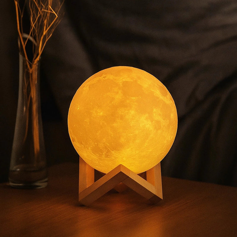 Abajur Lua Cheia 3D LED – Iluminação Aconchegante e Decorativa com Base Estilosa